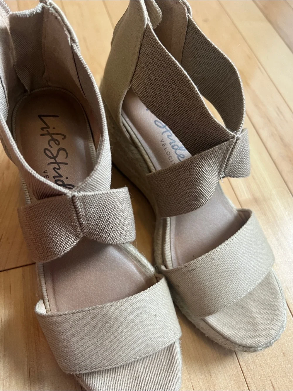 Life Stride Taupe Linen Bow Espadrille Wedge Sandals